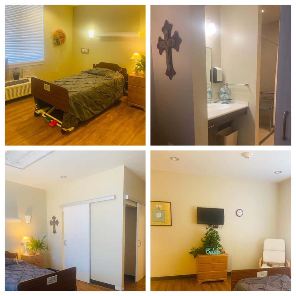 Image with four pictures from a resident room in the Convalescent Center.  First picture shows bed, side table, and in-wall HVAC.  Second picture shows bathroom sink.  Third picture shows barn door style entry ways into bathroom and closet.  Fourth picture shows wall mounted television, chest of drawers, and chair in the corner.